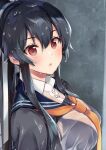  1girl black_hair black_sailor_collar blush breasts buttons eyebrows_visible_through_hair hair_between_eyes ichinomiya_(blantte) kantai_collection large_breasts long_hair neckerchief orange_neckwear ponytail red_eyes remodel_(kantai_collection) sailor_collar shirt solo upper_body very_long_hair white_shirt yahagi_(kancolle) 