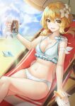  2girls :d absurdres bangs bare_shoulders beach beach_umbrella bead_bracelet beads bikini blonde_hair blurry blurry_background blush bracelet breasts camera cleavage commentary_request conch cup day deck_chair disposable_cup drinking_straw eyebrows_visible_through_hair flower frilled_bikini frills genshin_impact hair_between_eyes hair_flower hair_ornament halter_top halterneck hand_up highres holding holding_camera holding_cup huge_filesize jewelry klee_(genshin_impact) long_hair looking_at_viewer lumine_(genshin_impact) medium_breasts multiple_girls navel open_mouth outdoors seashell shell sitting smile sora_(men0105) stomach swimsuit umbrella white_bikini white_flower yellow_eyes 