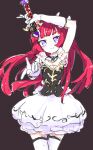  1girl bangs black_background blunt_bangs dress elbow_gloves gloves holding holding_wand houjou_sophie long_hair mokeo pretty_(series) pripara purple_eyes red_hair simple_background smile solo thighhighs wand white_gloves white_legwear 