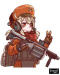  1girl ahoge alternate_costume artist_name backpack bag bangs battle_rifle clover_print commentary english_commentary eyebrows_visible_through_hair genshin_impact grenade_launcher gun hair_between_eyes headset highres holding holding_gun holding_weapon introvert-kun klee_(genshin_impact) light_brown_hair long_hair looking_at_viewer low_twintails orange_eyes orange_headwear orange_jumpsuit red_scarf rifle scarf sidelocks simple_background smile solo tactical_clothes trigger_discipline twintails v v-shaped_eyebrows vest weapon white_background 