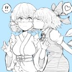  ! !! 2girls arms_behind_back bangs blue_background blush bow cheek_kiss cirno closed_eyes commentary drill_hair facing_another fe_(tetsu) hair_bow head_fins heart ice ice_wings japanese_clothes kimono kiss multiple_girls obi sash short_hair short_sleeves spoken_exclamation_mark spoken_heart sweat touhou upper_body wakasagihime wide_sleeves wings yuri 