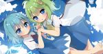  2girls antidote ascot bangs barefoot blue_bow blue_dress blue_eyes blue_hair blue_shirt blue_skirt blue_sky bow cirno closed_mouth cloud daiyousei dress eyebrows_visible_through_hair fairy_wings green_hair hair_bow hands_together highres ice ice_wings looking_at_viewer multiple_girls neck_ribbon open_mouth outdoors puffy_short_sleeves puffy_sleeves red_ribbon ribbon shirt short_hair short_sleeves skirt sky touhou white_shirt wings yellow_neckwear 
