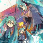  3girls :o aqua_eyes aqua_hair aqua_nails aqua_neckwear arm_up bare_shoulders beamed_eighth_notes black_legwear black_skirt black_sleeves clone cursor detached_sleeves folder grey_shirt hair_ornament hajimete_no_oto_(vocaloid) hands_on_lap hatsune_miku headphones headset leaning_forward long_hair looking_at_viewer looking_back miniskirt multiple_girls musical_note nail_polish necktie pleated_skirt shirt skirt sleeveless sleeveless_shirt smile soriku standing thighhighs twintails very_long_hair virtual_reality vocaloid waving zettai_ryouiki 