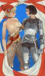  2girls absurdres androgynous arm_around_waist armor black_hair blonde_hair blue_background blue_eyes breastplate breasts chainmail character_request english_commentary france full_armor gauntlets highres historical jeanne_d&#039;arc knight looking_at_another mossacannibalis multiple_girls nipples no_bra nose perky_breasts real_life red_headwear shirt short_hair side-by-side small_breasts standing torn_clothes torn_shirt 