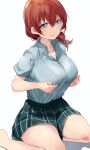  1girl absurdres bangs blush breasts closed_mouth collared_shirt emma_verde eyebrows_visible_through_hair green_eyes green_shirt green_skirt highres kneeling large_breasts long_hair looking_at_viewer love_live! love_live!_nijigasaki_high_school_idol_club miniskirt plaid plaid_skirt red_hair shirt shirt_tucked_in short_sleeves simple_background skirt smile solo thighs white_background yamasonson 
