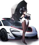  1girl :o absurdres azur_lane bangs bare_shoulders black_hair black_legwear bodystocking bow breasts cleavage cleavage_cutout clothing_cutout commentary_request detached_sleeves elbow_gloves gloves hair_bow hair_ribbon hand_on_hip highres koflif leotard long_legs looking_at_viewer mclaren_p1 official_alternate_costume pantyhose ponytail race_queen race_vehicle revision ribbon skin_tight skindentation standing takao_(azur_lane) takao_(full_throttle_charmer)_(azur_lane) umbrella 