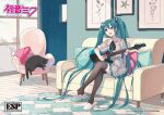  1girl aqua_eyes aqua_hair black_legwear black_neckwear black_ribbon cat chair character_name commentary_request couch crossed_legs crypton_future_media cushion dress electric_guitar esp_guitars flower guitar hair_ornament hatsune_miku holding holding_instrument indoors instrument ixima long_hair looking_to_the_side music neck_ribbon official_art open_mouth piapro picture_(object) playing_instrument ribbon room rug short_sleeves sitting slippers smile solo starfish thighhighs twintails very_long_hair vocaloid white_dress white_footwear window wooden_floor 