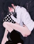  1boy ahoge anal_fingering anal_fluid bangs bar_censor black_hair black_pants blush censored checkered checkered_scarf closed_eyes clothes_pull collared_shirt danganronpa_(series) danganronpa_v3:_killing_harmony fingering from_above gato_(too0) holding holding_clothes holding_scarf long_legs long_sleeves lying male_focus on_side open_clothes open_mouth open_shirt pants pants_around_one_leg pants_pull penis profile saihara_shuuichi scarf scarf_removed shirt short_hair solo translation_request white_shirt 