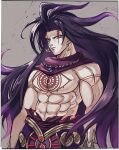  1boy absurdres black_hair blue_eyes body_markings chaos_frankenstein earrings frown grey_background grimms_notes heterochromia highres jewelry long_hair male_focus mamefuku_(mamedehuku) muscular purple_hair red_eyes scar scar_across_eye shirtless solo 