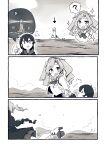  2girls absurdres braid drill_hair greyscale highres honolulu_(kancolle) kantai_collection lighthouse long_hair long_sleeves ma_rukan monochrome multiple_girls outdoors single_braid sleeveless sleeveless_jacket souya_(kancolle) speech_bubble twin_drills 