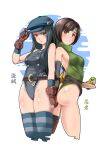  2girls adapted_costume ass black_hair blue_headwear brown_gloves brown_hair cabbie_hat crescent_belt_buckle cropped_legs final_fantasy final_fantasy_vii final_fantasy_vii_remake fingerless_gloves forehead_protector gloves hat highleg highleg_leotard highres holding_hands kyrie_canaan leotard lolita_majin looking_at_viewer multiple_girls o3o single_thighhigh striped striped_legwear thighhighs thighs yuffie_kisaragi 