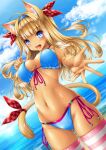 1girl :d ahoge animal_ear_fluff animal_ears ass_visible_through_thighs bangs bare_shoulders beach bikini blonde_hair blue_bikini blue_eyes blue_hairband blue_sky blunt_bangs blush breasts cat_ears cat_girl cat_tail cleavage cloud commentary_request cowboy_shot day dutch_angle eyebrows_visible_through_hair floating_hair front-tie_bikini front-tie_top groin hair_ornament hair_ribbon hairband hairclip highres kamiya_tomoe large_breasts long_hair looking_at_viewer navel ocean open_mouth original outdoors pink_legwear plaid plaid_ribbon reaching_out red_ribbon ribbon side-tie_bikini sidelocks skindentation sky slit_pupils smile solo standing stomach striped striped_legwear swimsuit tail tail_ornament tail_ribbon tan thighhighs upper_teeth white_legwear 