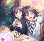  2boys :d absurdres animal_ears arm_up bangs black_jacket buttons cake card cat_ears checkered checkered_scarf clenched_hand commentary cup danganronpa_(series) danganronpa_v3:_killing_harmony double-breasted drinking_glass drinking_straw dual_persona ewa_(seraphhuiyu) fake_animal_ears fake_whiskers fang food grey_jacket hair_between_eyes hands_up highres holding indoors jacket long_sleeves looking_at_viewer male_focus multiple_boys official_alternate_costume open_mouth ouma_kokichi parted_lips plant purple_eyes purple_hair scarf sitting skull_print smile soda teeth upper_teeth white_jacket 