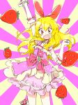  1girl aikatsu! aikatsu!_(series) arm_up bangs bead_bracelet bead_necklace beads blonde_hair bow bracelet dress elbow_gloves eyebrows_visible_through_hair food fruit gloves hair_between_eyes hair_bow hoshimiya_ichigo jewelry long_hair mokeo necklace open_mouth pink_dress red_bow red_eyes simple_background solo strawberry white_gloves 