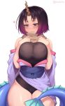  1girl black_hair blue_eyes blush breasts cameltoe commentary covered_nipples cowboy_shot elma_(maidragon) gradient_hair hands_on_own_chest heart highres horns iwbitu-sa kobayashi-san_chi_no_maidragon large_breasts looking_away multicolored_hair purple_hair scarf short_hair simple_background single_horn smile solo tail white_background 