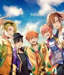  5boys ahoge argonavis_from_bang_dream! bang_dream! baseball_cap black_hair brown_hair cloud day fuujin_rizing! gotou_misaki_(argonavis) green_hair happy hat hayasaka_kouhei headband highres instrument kaminoshima_fuuta male_focus mugen25 multiple_boys orange_hair pink_hair salute saxophone sky smile tsubaki_yamato v wakakusa_aoi 