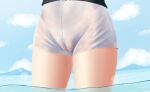  1girl artist_name blue_sky close-up cloud commentary_request genshin_impact highres jean_(genshin_impact) no_panties see-through shorts sky solo thighs wading water wet wet_shorts white_shorts z282g 
