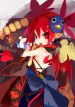  1girl absurdres alternate_costume demon_girl demon_tail demon_wings disgaea etna from_behind highres japanese_clothes looking_at_viewer makai_senki_disgaea miyakawa106 pointy_ears red_eyes red_hair short_hair slit_pupils solo tail twintails wings 