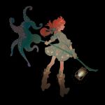  1girl bangs black_background blue_dress blue_eyes boots bow brown_footwear dress gloves hair_bow highres holding knee_boots lantern lingcod_dayu long_hair octopus orange_hair original simple_background single_glove solo sparkle standing tentacles 