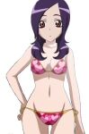  1girl 2010 :o absurdres artist_request bikini female fresh_precure! game_cg groin halterneck hand_on_hip higashi_setsuna highres long_hair looking_at_viewer lovely_bikini megami non-web_source official_art open_mouth precure purple_hair red_bikini red_eyes red_swimsuit simple_background skindentation solo swimsuit tomboy 