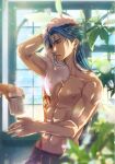  1boy abs alternate_hairstyle biceps blue_hair bodypaint coffee_mug cu_chulainn_(fate)_(all) cu_chulainn_(fate/stay_night) cup drying drying_hair earrings fate/stay_night fate_(series) getueika groin hair_down indoors jewelry long_hair male_focus mug muscular muscular_male navel nipples open_mouth pectorals red_eyes shirtless smile spiked_hair towel window 