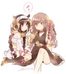  2girls animal_costume animal_ears armlet bangs bare_legs bell belt belt_buckle black_dress blush boots braid breasts brown_hair buckle choker couple dress earrings feet_out_of_frame full_body futaribeya hair_ornament hair_ribbon high_heel_boots high_heels hooves horns jewelry kawawa_sakurako knee_boots light_brown_hair long_hair looking_at_another midriff multiple_girls neck_bell pink_ribbon red_eyes ribbon sheep_costume sheep_ears sheep_horns sideboob simple_background sitting sleeveless sleeveless_dress sparkle star_(symbol) star_earrings star_hair_ornament swept_bangs thigh_ribbon translation_request twin_braids twintails very_long_hair wariza wavy_hair white_background yamabuki_kasumi yellow_eyes yukiko_(tesseract) yuri 