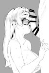  1boy 1girl bangs bar_censor blunt_bangs blush breasts censored ear_blush fellatio glasses greyscale hetero highres large_breasts licking licking_penis long_hair monochrome nude open_mouth oral original penis satsuki_neko simple_background sketch solo_focus sweat thick_eyebrows 