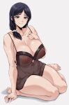  absurdres arm_support bangs black_hair blue_eyes breasts cleavage highres large_breasts lingerie mature_female negligee original parted_bangs scrunchie seiza sheer_clothes side_ponytail sitting smile underwear yugo_(yugotme97) 
