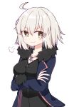  1girl ahoge bangs black_dress blue_coat breasts chibi closed_mouth coat crossed_arms doyagao dress fate/grand_order fate_(series) full-length_zipper fur-trimmed_coat fur_trim jeanne_d&#039;arc_(alter)_(fate) jeanne_d&#039;arc_(fate)_(all) large_breasts looking_at_viewer rabiiandrain short_dress short_hair silver_hair smile smug solo tsurime upper_body wicked_dragon_witch_ver._shinjuku_1999 yellow_eyes zipper 