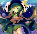  1girl artist_name bangs black_headwear blouse blurry blurry_background blurry_foreground blush bow breasts bush cockadooodledoo collarbone dated day depth_of_field falling_petals feet_out_of_frame frilled_shirt_collar frills green_eyes green_hair green_skirt grin hair_between_eyes hands_on_headwear hands_up hat hat_bow highres knees_together_feet_apart komeiji_koishi long_hair looking_at_viewer outdoors petals plant skirt sky small_breasts smile solo standing touhou vines wide_sleeves wind wind_lift yellow_blouse yellow_bow 