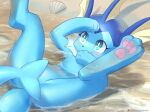  :d ancesra animal_ears animal_nose aqua_eyes beach blue_skin blush bright_pupils colored_skin commentary digitigrade dirty dirty_feet english_commentary furry gen_1_pokemon open_mouth pawpads pokemon pokemon_(creature) seashell shell shore smile solo tail vaporeon waves wet 