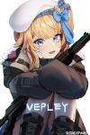  1girl bandage_on_face bandages beret blonde_hair blue_bow blue_eyes blush bow character_name coat commentary_request dano fur-trimmed_coat fur_trim girls&#039;_frontline girls&#039;_frontline_2:_exilium gun hair_bow hat heart heart_stickers hugging_own_legs long_sleeves looking_at_viewer medium_hair one_side_up open_mouth shotgun sidelocks sitting smile solo twitter_username vepley_(girls&#039;_frontline_2) vepr-12 weapon white_background white_headwear 