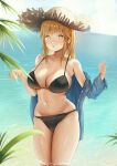  1girl :o bangs bikini black_bikini blonde_hair blue_shirt blue_sky breasts cameltoe cleavage cloud collarbone commission earrings eyebrows_visible_through_hair grayfox groin hat highres in_water jewelry large_breasts leaf light_blush long_hair looking_at_viewer navel ocean open_mouth original outdoors pigeon-toed shirt sidelocks sky solo straw_hat swimsuit water wet wet_clothes wet_shirt yellow_eyes 