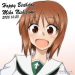  1girl :d bangs black_neckwear blouse brown_eyes brown_hair character_name commentary dated english_text eyebrows_visible_through_hair girls_und_panzer gradient gradient_background happy_birthday highres looking_at_viewer neckerchief nishizumi_miho ooarai_school_uniform open_mouth portrait sailor_collar school_uniform short_hair smile solo tatsuki_yuuta twitter_username white_blouse white_sailor_collar 
