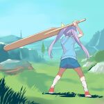  1girl a1 antenna_hair blue_sky commentary_request day from_behind full_body grass hair_ribbon long_hair miyauchi_renge mountain non_non_biyori outdoors paddle purple_hair red_footwear ribbon shoes sky sneakers socks solo standing twintails white_legwear yellow_ribbon 