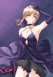 1girl ahoge arm_up artoria_pendragon_(all) bangs blonde_hair breasts cleavage cowboy_shot dress elbow_gloves error excalibur_morgan_(fate) eyebrows_visible_through_hair fate/stay_night fate_(series) gloves hair_ribbon highres looking_at_viewer medium_breasts parted_lips purple_dress purple_gloves purple_ribbon ribbon saber_alter short_hair sleeveless sleeveless_dress solo yellow_eyes yuto_(yuto_illust_7) 