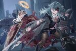  2girls axe aymr_(fire_emblem) battle bleeding blood bloody_clothes boots byleth_(fire_emblem) byleth_(fire_emblem)_(female) byuub cape clothing_cutout edelgard_von_hresvelg fire_emblem fire_emblem:_three_houses green_hair horned_headwear injury multiple_girls navel_cutout night open_mouth pantyhose robot shield short_shorts shorts silver_hair sword tiara weapon 