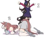  2girls ahoge animal_ears black_headwear black_legwear blue_dress blue_flower blue_rose breasts brown_hair closed_eyes dress flower grey_hairband grey_skirt hair_over_one_eye hairband hat hat_flower horse_ears horse_girl horse_tail large_breasts long_hair long_sleeves mihono_bourbon_(umamusume) multiple_girls off-shoulder_dress off_shoulder open_mouth pleated_skirt rice_shower_(umamusume) rose shiseki_hirame simple_background skirt smile tail thighhighs tilted_headwear umamusume white_background white_legwear 