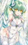  1girl aqua_hair bra breasts covered_navel dragon_girl dragon_horns elbow_gloves fate/grand_order fate_(series) garter_belt gloves highres horns kiyohime_(fate) large_breasts morizono_shiki multiple_horns panties ponytail solo thighhighs underwear underwear_only white_bra white_gloves white_legwear white_panties yellow_eyes 