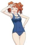  1girl 2014 absurdres armpits artist_request bare_arms bare_shoulders blue_swimsuit closed_eyes covered_navel female hair_ornament hand_on_hip highres idolmaster megami name_tag official_art open_mouth orange_hair pose possible_duplicate scan school_swimsuit scrunchie skindentation smile solo swimsuit takatsuki_yayoi the_idolm@ster twintails w 
