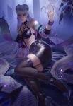  1girl breasts claws cropped_jacket demon_girl earrings evelynn_(league_of_legends) garter_straps glowing glowing_eyes high_heels highres jacket jewelry kneehighs league_of_legends lipstick long_hair looking_at_viewer makeup open_clothes silver_hair skirt the_baddest_evelynn zarory 