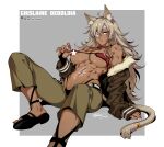  1girl abs ahoge animal_ear_fluff animal_ears areola_slip areolae arm_support bandeau bangs bare_shoulders belt black_panties border breasts bridal_gauntlets brown_jacket cat_ears censored character_name choker cleavage collarbone commentary covered_nipples cowboy_shot dark-skinned_female dark_skin eyepatch fishine fur-trimmed_jacket fur_trim ghislaine_dedoldia green_pants grey_background groin hair_between_eyes highleg highleg_panties highres jacket large_breasts long_hair long_sleeves looking_at_viewer midriff muscular muscular_female mushoku_tensei navel off_shoulder open_belt open_pants panties pants parted_lips patreon_username red_choker red_eyes sandals scar scar_on_cheek scar_on_face scar_on_stomach sidelocks signature silver_hair simple_background sitting solo star_censor strapless underboob underwear watermark web_address white_border 