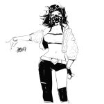  1girl akali baseball_cap belt bracelet breasts choker dated ejami greyscale hat jacket jewelry k/da_(league_of_legends) k/da_akali league_of_legends long_hair looking_at_viewer mask midriff monochrome mouth_mask navel ponytail signature simple_background solo white_background 