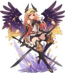  1girl armor artist_request bangs bare_shoulders belt black_footwear black_gloves black_hairband black_legwear black_shirt black_skirt blonde_hair blush boots breasts closed_mouth crystal dark_angel_olivia dual_wielding elbow_gloves eyebrows_visible_through_hair feathered_wings full_body gloves gradient_hair granblue_fantasy hairband highres holding holding_sword holding_weapon horns knee_pads leg_up light_blush light_particles long_hair looking_to_the_side medium_breasts miniskirt multicolored_hair non-web_source official_art orange_hair pleated_skirt purple_wings red_eyes shirt sidelocks skirt sleeveless sleeveless_shirt solo standing standing_on_one_leg sword thigh_boots thighhighs transparent_background two-tone_hair v-shaped_eyebrows very_long_hair weapon wings world_flipper zettai_ryouiki 
