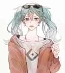  1girl aqua_eyes aqua_hair blue_hair boychaaa bra_strap cardigan dust earrings eyewear_on_head flat_chest gradient_hair graphic_shirt hair_between_eyes hand_up hatsune_miku jewelry manhwa multicolored_hair necklace orange_sweater pink_lips serious solo suna_no_wakusei_(vocaloid) sunglasses sweater vocaloid white_background white_hair 