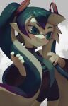  1girl alternate_race black_jumpsuit blue_eyes blue_hair blue_neckwear blush fang hair_between_eyes hatsune_miku head_tilt highres holding holding_hair inkling jumpsuit looking_ahead necktie pointy_ears smile solo splatoon_(series) tentacle_hair topdylan twintails vocaloid 