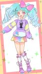  1girl :d animal_print aqua_hair blush boots border bow bow_legwear bunny_print commentary drill_hair full_body hair_bow hair_flaps highres hood hood_down hoodie idol_land_pripara katasumi_amari kneehighs knees_together_feet_apart long_hair long_sleeves miniskirt multicolored multicolored_clothes multicolored_hoodie multicolored_skirt open_mouth outline outside_border pink_border pink_bow pink_eyes pretty_(series) pripara purple_footwear purple_hoodie rainbow_skirt shiny shiny_hair shiny_skin sidelocks simple_background skirt sleeves_past_wrists smile solo sparkle srrr_48479587 standing twin_drills twintails white_background white_hoodie white_outline winged_footwear yellow_border yellow_hoodie 