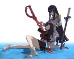  2girls absurdres bakuzan black_hair blue_eyes boots epaulettes high_collar high_heels highres kamui_(kill_la_kill) katana kill_la_kill kiryuuin_satsuki long_hair makimoto_z matoi_ryuuko midriff multicolored_hair multiple_girls navel pleated_skirt red_hair school_uniform scissor_blade senketsu serafuku short_hair siblings sisters skirt streaked_hair suspenders sword thick_eyebrows thigh_boots thighhighs weapon white_legwear 