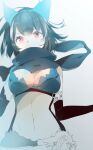  1girl alice_(sinoalice) belt belt_buckle black_gloves blue_hair blurry blush bow breasts buckle cleavage covered_mouth crop_top elbow_gloves fur_trim gloves hair_bow highres ill_games22 looking_at_viewer navel partially_colored pocket_watch red_eyes scarf short_hair sinoalice solo tattoo watch 