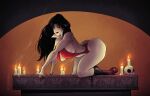  1girl ass bare_shoulders bikini black_hair breasts candle commentary devilhs earrings highres jewelry large_breasts lips long_hair looking_at_viewer o-ring red_bikini red_lips sideboob signature skull slingshot_swimsuit smile solo swimsuit thick_thighs thighs vampirella vampirella_(character) wax 